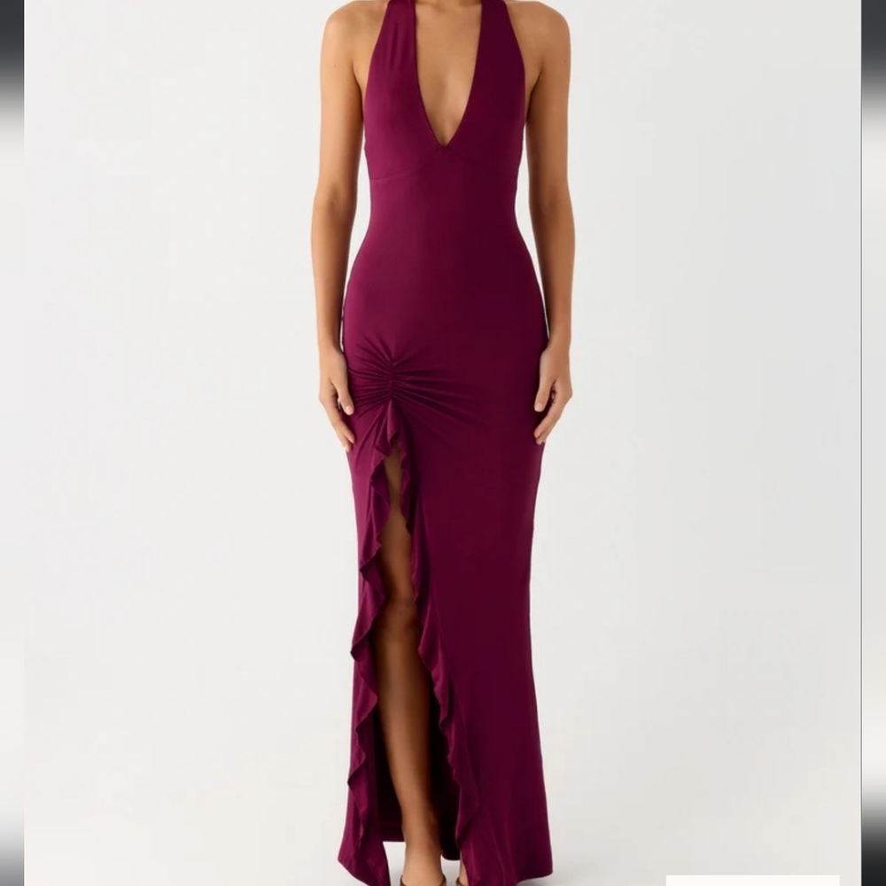Peppermayo Charmed By You Halter Ruffle-Front Maxi Dress in Plum Size 6 NwT.